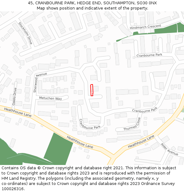 45, CRANBOURNE PARK, HEDGE END, SOUTHAMPTON, SO30 0NX: Location map and indicative extent of plot