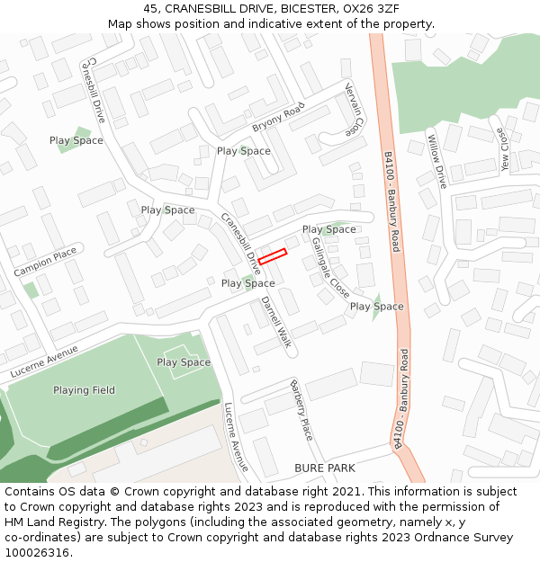 45, CRANESBILL DRIVE, BICESTER, OX26 3ZF: Location map and indicative extent of plot