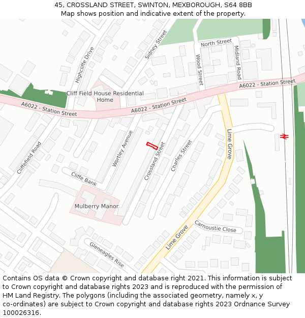 45, CROSSLAND STREET, SWINTON, MEXBOROUGH, S64 8BB: Location map and indicative extent of plot