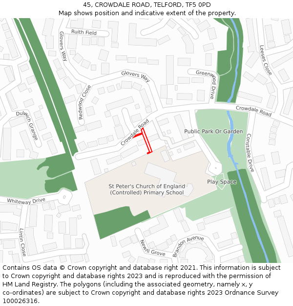 45, CROWDALE ROAD, TELFORD, TF5 0PD: Location map and indicative extent of plot