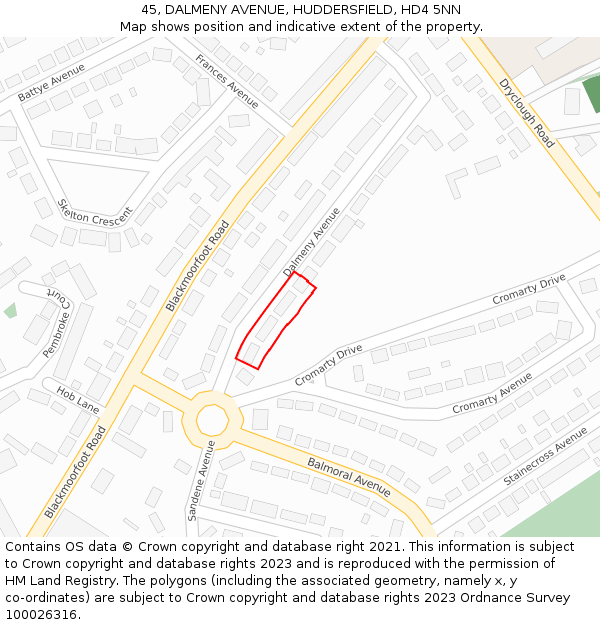 45, DALMENY AVENUE, HUDDERSFIELD, HD4 5NN: Location map and indicative extent of plot