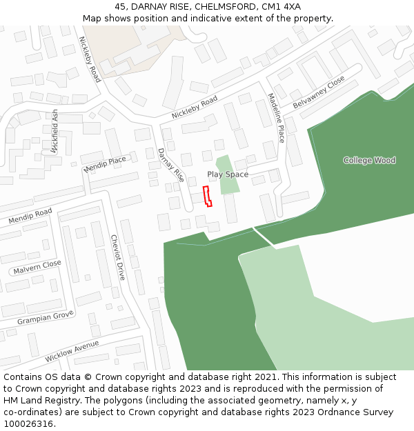 45, DARNAY RISE, CHELMSFORD, CM1 4XA: Location map and indicative extent of plot