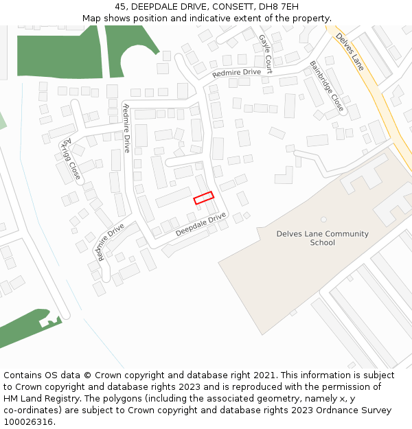 45, DEEPDALE DRIVE, CONSETT, DH8 7EH: Location map and indicative extent of plot