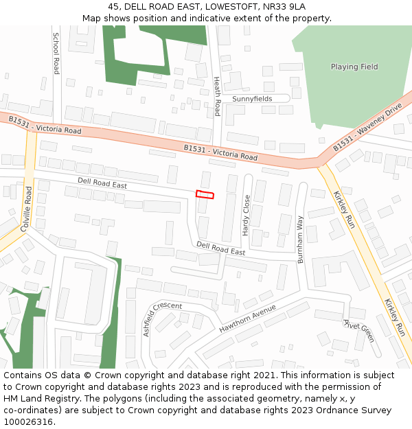 45, DELL ROAD EAST, LOWESTOFT, NR33 9LA: Location map and indicative extent of plot