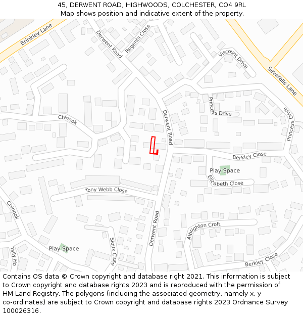 45, DERWENT ROAD, HIGHWOODS, COLCHESTER, CO4 9RL: Location map and indicative extent of plot