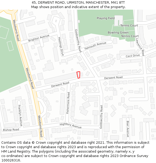 45, DERWENT ROAD, URMSTON, MANCHESTER, M41 8TT: Location map and indicative extent of plot