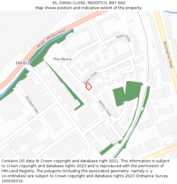 45, DIXON CLOSE, REDDITCH, B97 6AD: Location map and indicative extent of plot