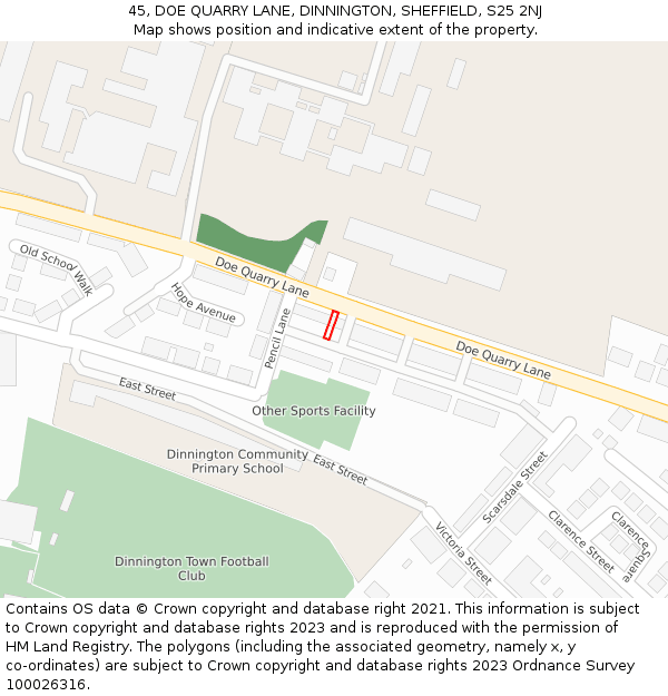 45, DOE QUARRY LANE, DINNINGTON, SHEFFIELD, S25 2NJ: Location map and indicative extent of plot