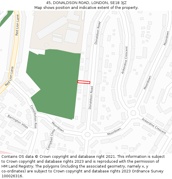 45, DONALDSON ROAD, LONDON, SE18 3JZ: Location map and indicative extent of plot