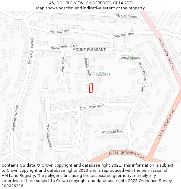 45, DOUBLE VIEW, CINDERFORD, GL14 2DD: Location map and indicative extent of plot