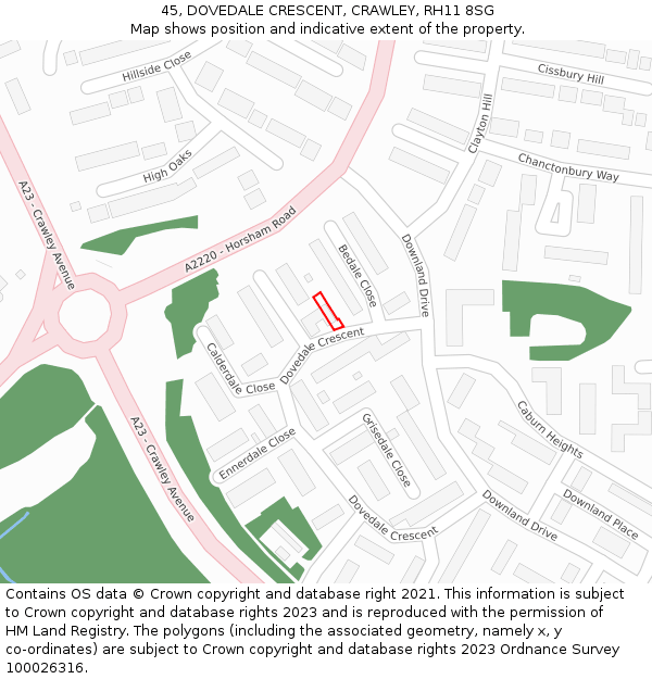 45, DOVEDALE CRESCENT, CRAWLEY, RH11 8SG: Location map and indicative extent of plot