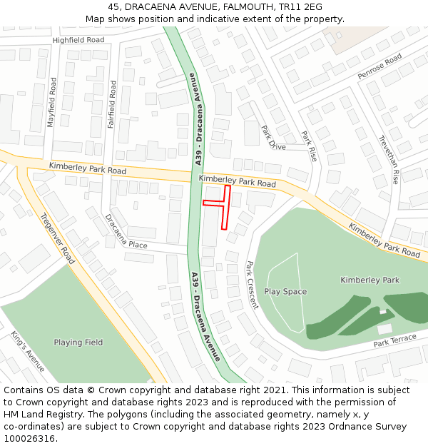 45, DRACAENA AVENUE, FALMOUTH, TR11 2EG: Location map and indicative extent of plot