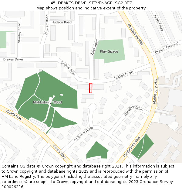 45, DRAKES DRIVE, STEVENAGE, SG2 0EZ: Location map and indicative extent of plot