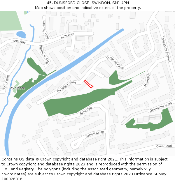45, DUNSFORD CLOSE, SWINDON, SN1 4PN: Location map and indicative extent of plot