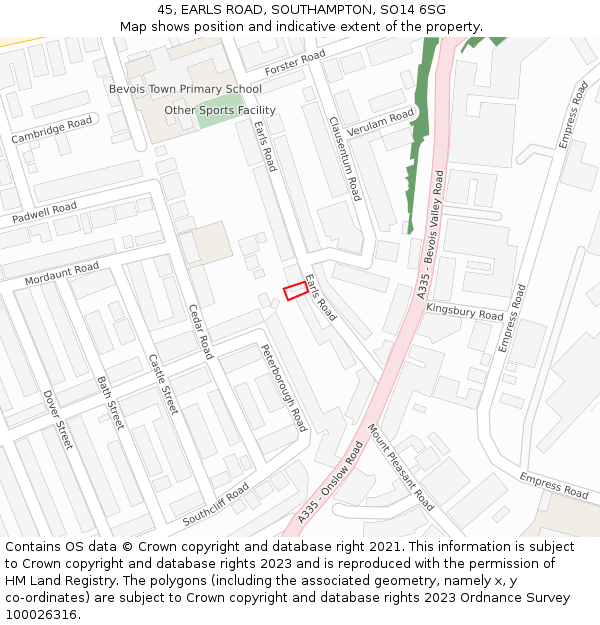 45, EARLS ROAD, SOUTHAMPTON, SO14 6SG: Location map and indicative extent of plot