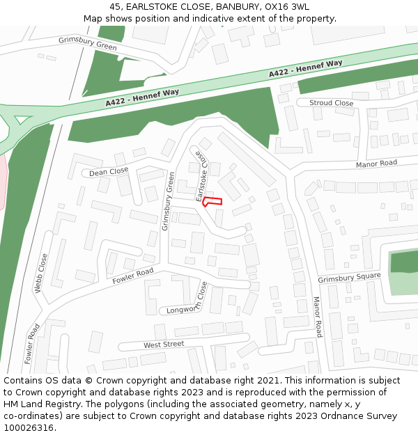45, EARLSTOKE CLOSE, BANBURY, OX16 3WL: Location map and indicative extent of plot