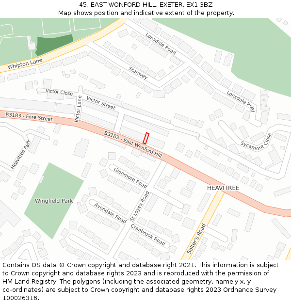 45, EAST WONFORD HILL, EXETER, EX1 3BZ: Location map and indicative extent of plot