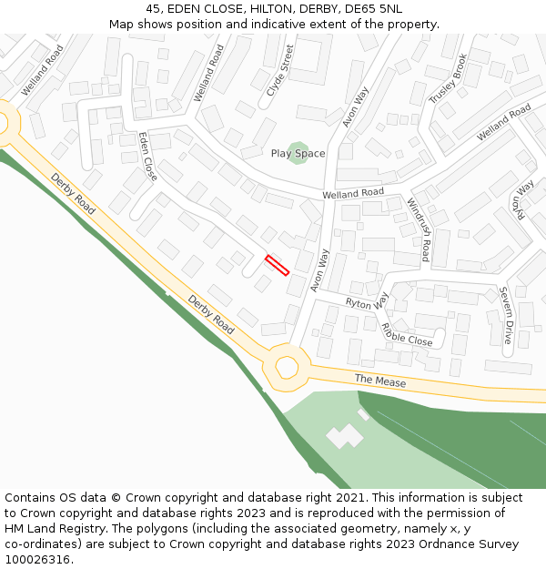 45, EDEN CLOSE, HILTON, DERBY, DE65 5NL: Location map and indicative extent of plot
