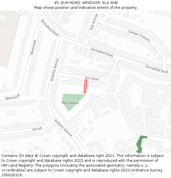 45, ELM ROAD, WINDSOR, SL4 3NB: Location map and indicative extent of plot