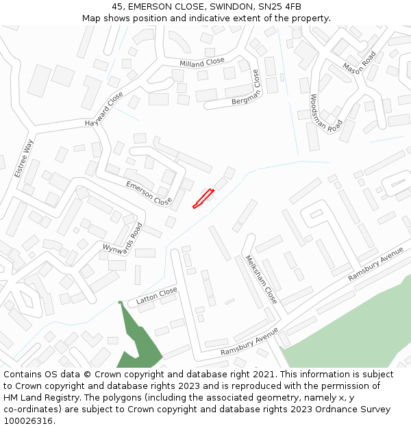 45, EMERSON CLOSE, SWINDON, SN25 4FB: Location map and indicative extent of plot