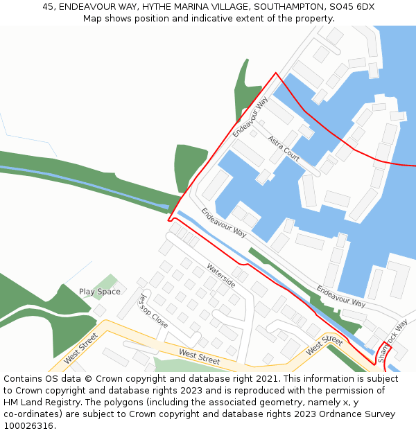 45, ENDEAVOUR WAY, HYTHE MARINA VILLAGE, SOUTHAMPTON, SO45 6DX: Location map and indicative extent of plot