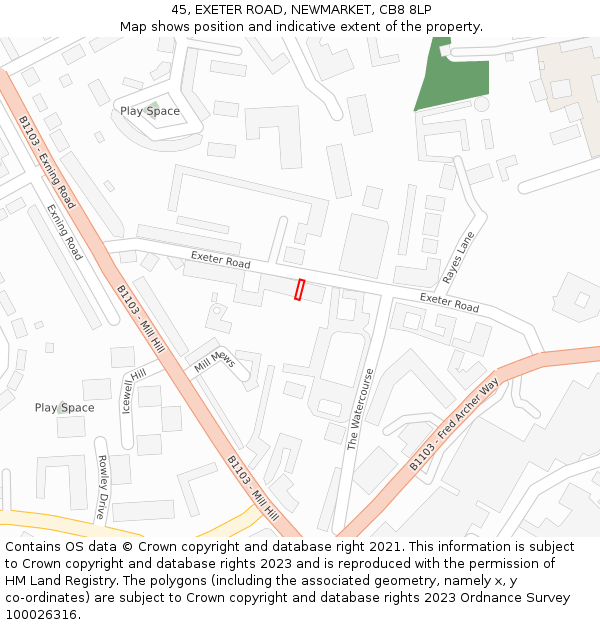 45, EXETER ROAD, NEWMARKET, CB8 8LP: Location map and indicative extent of plot