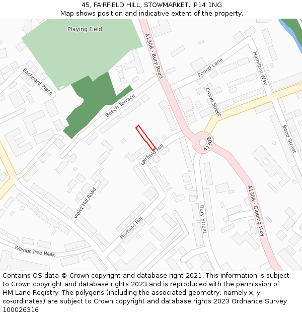 45, FAIRFIELD HILL, STOWMARKET, IP14 1NG: Location map and indicative extent of plot