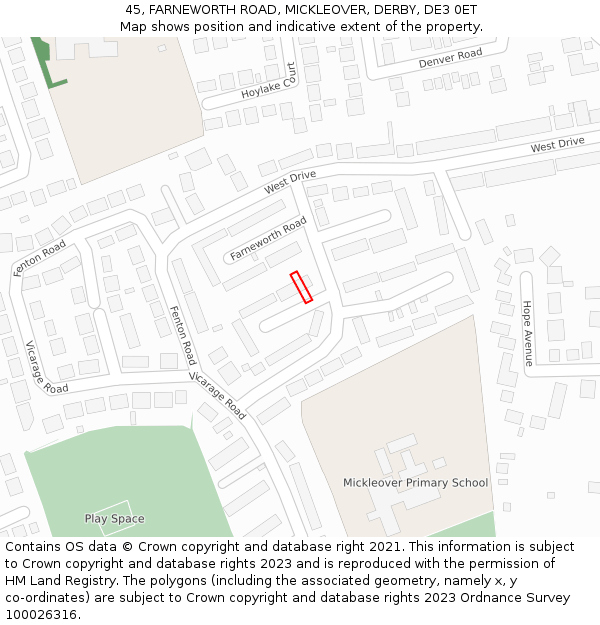 45, FARNEWORTH ROAD, MICKLEOVER, DERBY, DE3 0ET: Location map and indicative extent of plot