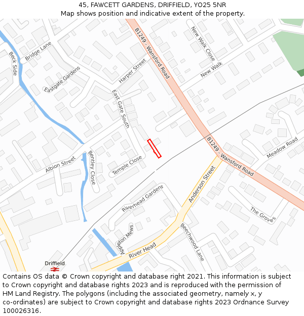 45, FAWCETT GARDENS, DRIFFIELD, YO25 5NR: Location map and indicative extent of plot