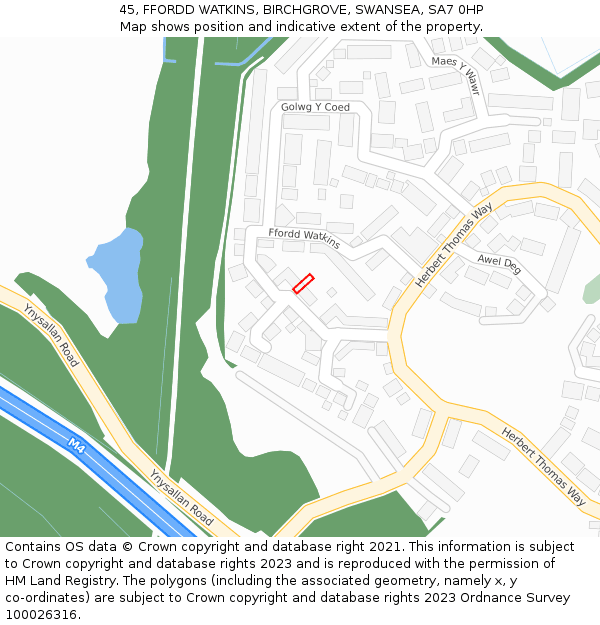 45, FFORDD WATKINS, BIRCHGROVE, SWANSEA, SA7 0HP: Location map and indicative extent of plot