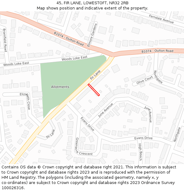 45, FIR LANE, LOWESTOFT, NR32 2RB: Location map and indicative extent of plot