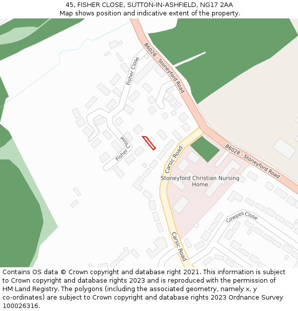45, FISHER CLOSE, SUTTON-IN-ASHFIELD, NG17 2AA: Location map and indicative extent of plot