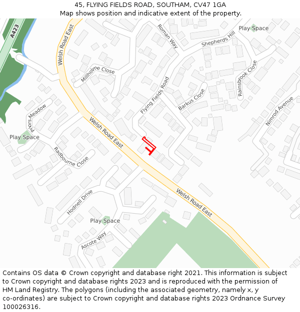 45, FLYING FIELDS ROAD, SOUTHAM, CV47 1GA: Location map and indicative extent of plot