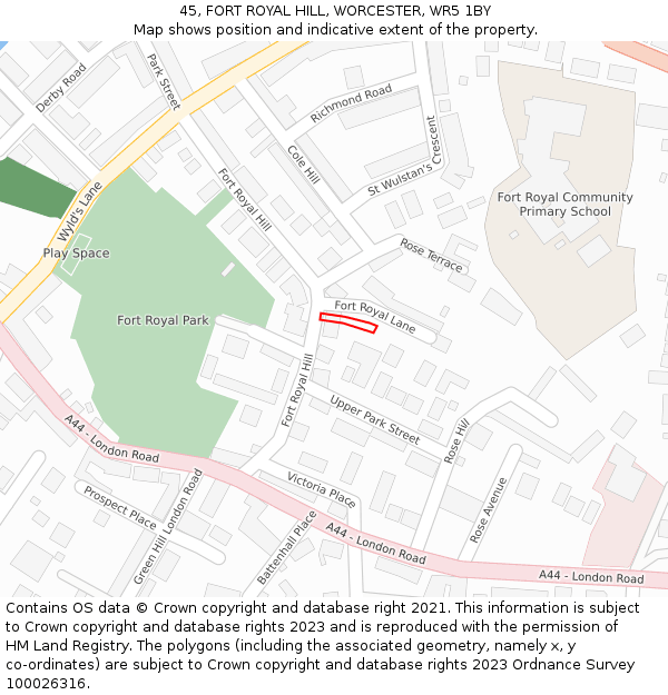 45, FORT ROYAL HILL, WORCESTER, WR5 1BY: Location map and indicative extent of plot