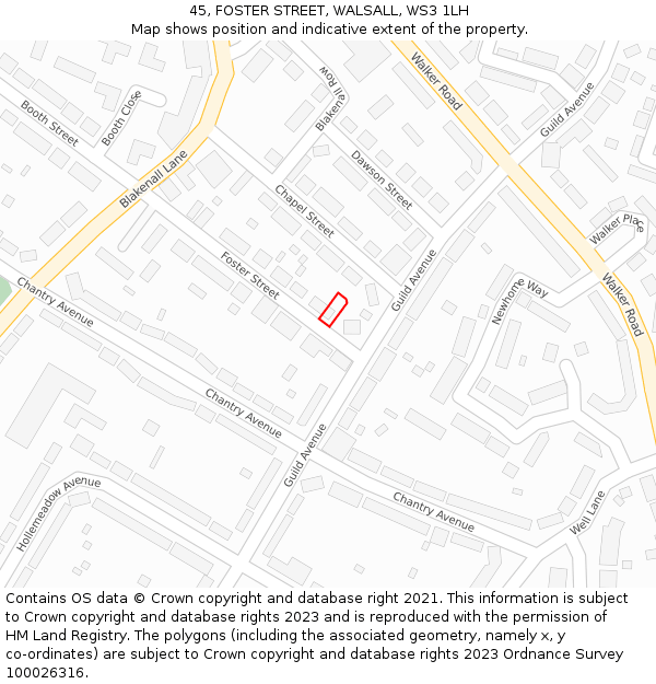 45, FOSTER STREET, WALSALL, WS3 1LH: Location map and indicative extent of plot