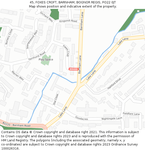 45, FOXES CROFT, BARNHAM, BOGNOR REGIS, PO22 0JT: Location map and indicative extent of plot