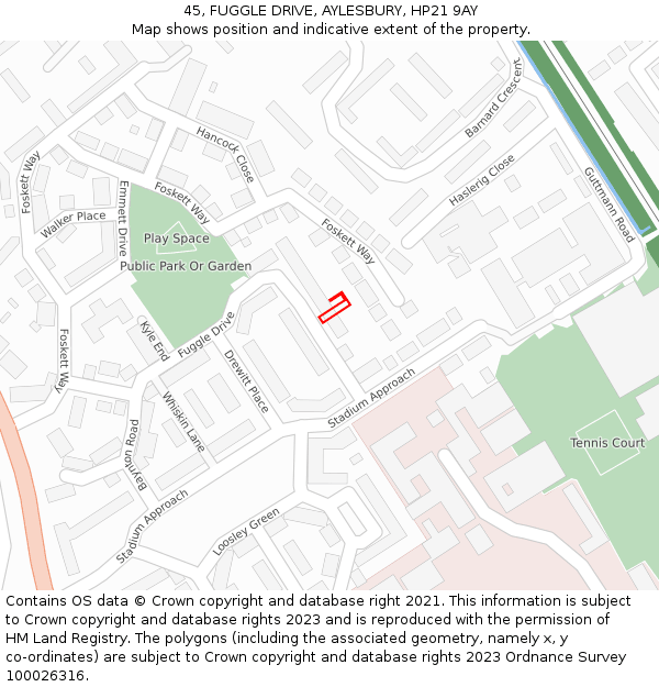 45, FUGGLE DRIVE, AYLESBURY, HP21 9AY: Location map and indicative extent of plot