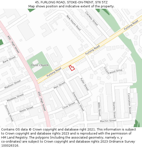 45, FURLONG ROAD, STOKE-ON-TRENT, ST6 5TZ: Location map and indicative extent of plot