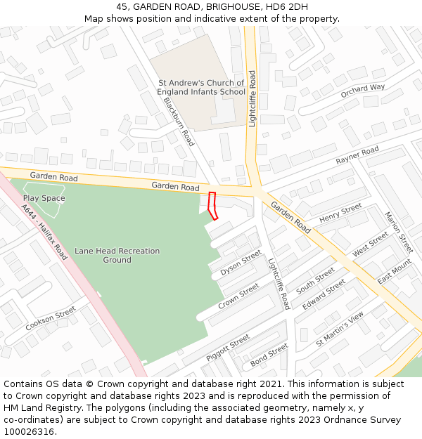 45, GARDEN ROAD, BRIGHOUSE, HD6 2DH: Location map and indicative extent of plot