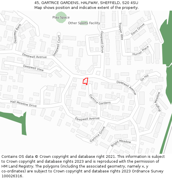 45, GARTRICE GARDENS, HALFWAY, SHEFFIELD, S20 4SU: Location map and indicative extent of plot