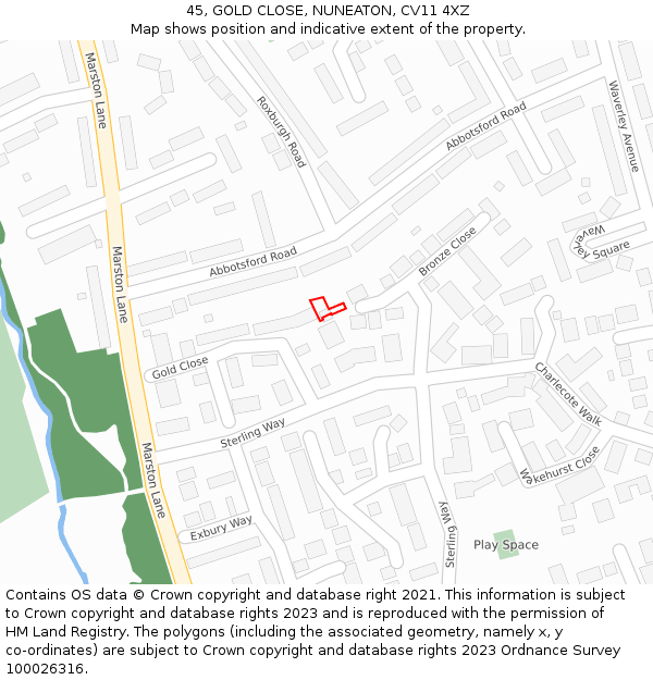 45, GOLD CLOSE, NUNEATON, CV11 4XZ: Location map and indicative extent of plot