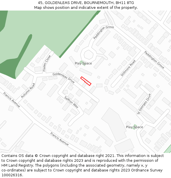 45, GOLDENLEAS DRIVE, BOURNEMOUTH, BH11 8TG: Location map and indicative extent of plot