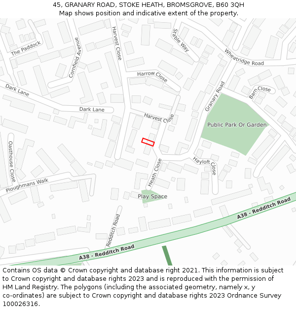 45, GRANARY ROAD, STOKE HEATH, BROMSGROVE, B60 3QH: Location map and indicative extent of plot