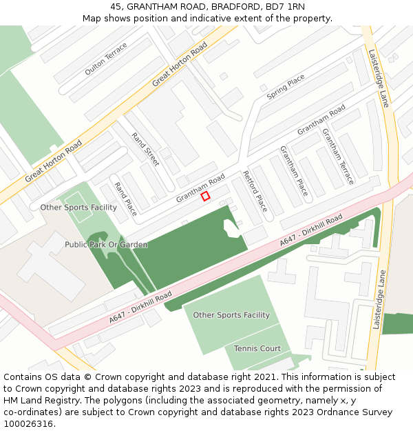 45, GRANTHAM ROAD, BRADFORD, BD7 1RN: Location map and indicative extent of plot