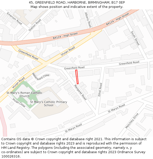 45, GREENFIELD ROAD, HARBORNE, BIRMINGHAM, B17 0EP: Location map and indicative extent of plot