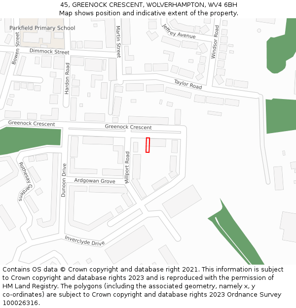 45, GREENOCK CRESCENT, WOLVERHAMPTON, WV4 6BH: Location map and indicative extent of plot