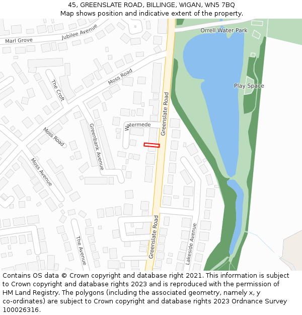 45, GREENSLATE ROAD, BILLINGE, WIGAN, WN5 7BQ: Location map and indicative extent of plot