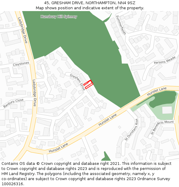 45, GRESHAM DRIVE, NORTHAMPTON, NN4 9SZ: Location map and indicative extent of plot