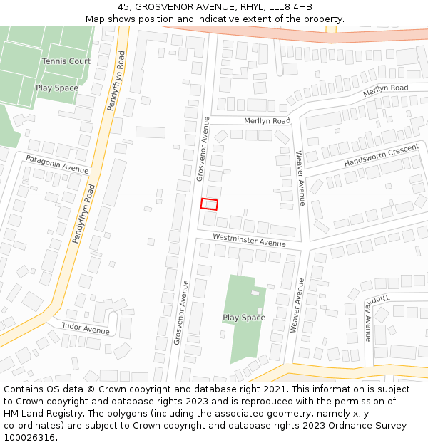 45, GROSVENOR AVENUE, RHYL, LL18 4HB: Location map and indicative extent of plot