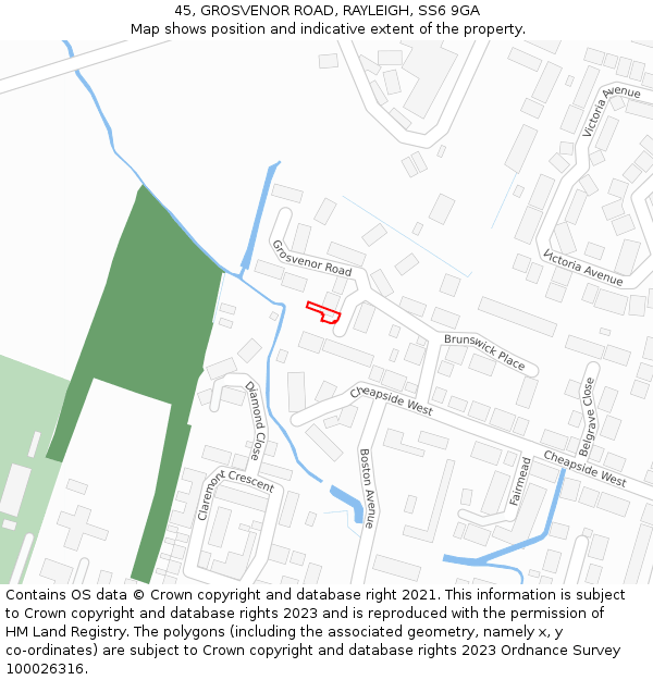 45, GROSVENOR ROAD, RAYLEIGH, SS6 9GA: Location map and indicative extent of plot